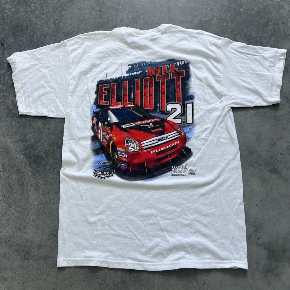 Vintage Bill Elliott NASCAR Wood Brothers T-Shirt Mens XL White 2008 Ford Fusion
